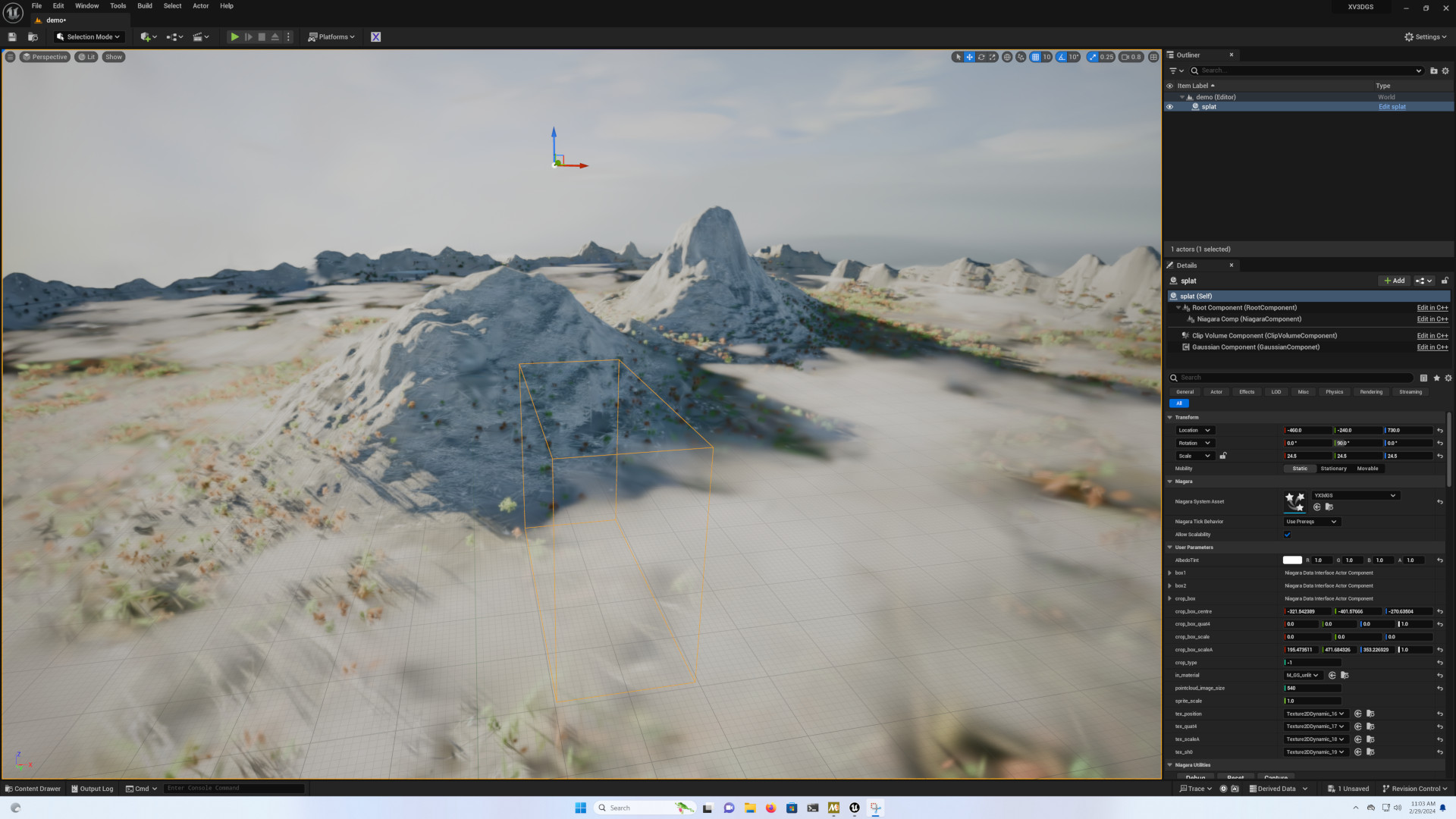 Capture d'écran de Unreal Engine 5 affichant la scène de paysage, importé avec XV3DGS
